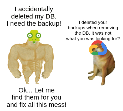 Joke about GCP. Geko as a strong dog says: I accidentally deleted my DB. I need a backup! ― GCP as a weak dog answers: I deleted your backups when removing the DB. It was not was you was looking for? ― And finally Geko dog replies: Ok... let me find them for you and fix all this mess!
